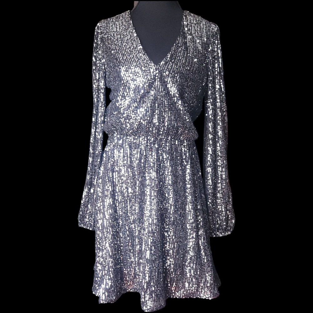 MP Massimo PIOMBO Metallic Mini Dress X Small Silver Sequin NYE Cocktail NWT $92